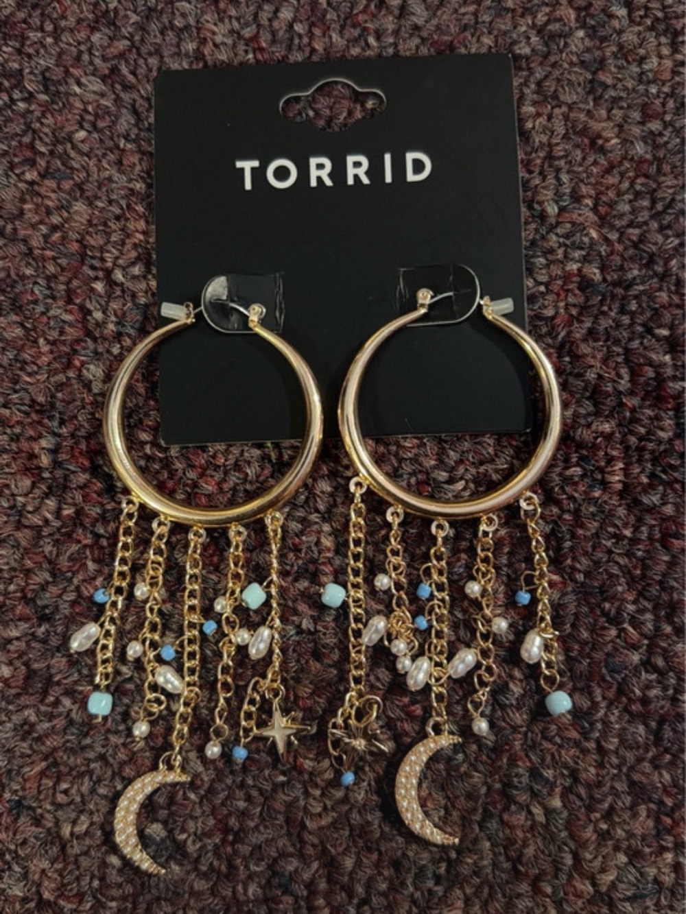 torrid Gold Hoop Earrings with Blue and White Beads and Crescent Charms